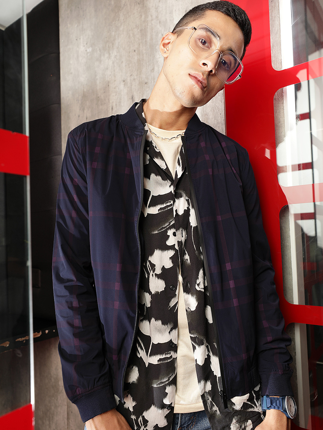 

U.S. Polo Assn. Men Navy Blue Checked Bomber Jacket