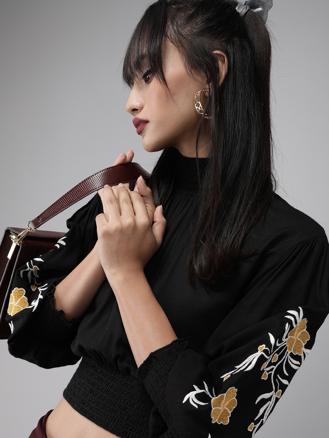 

The Dry State Upscale Black Embroidered Power Shoulders Blouson Crop Top