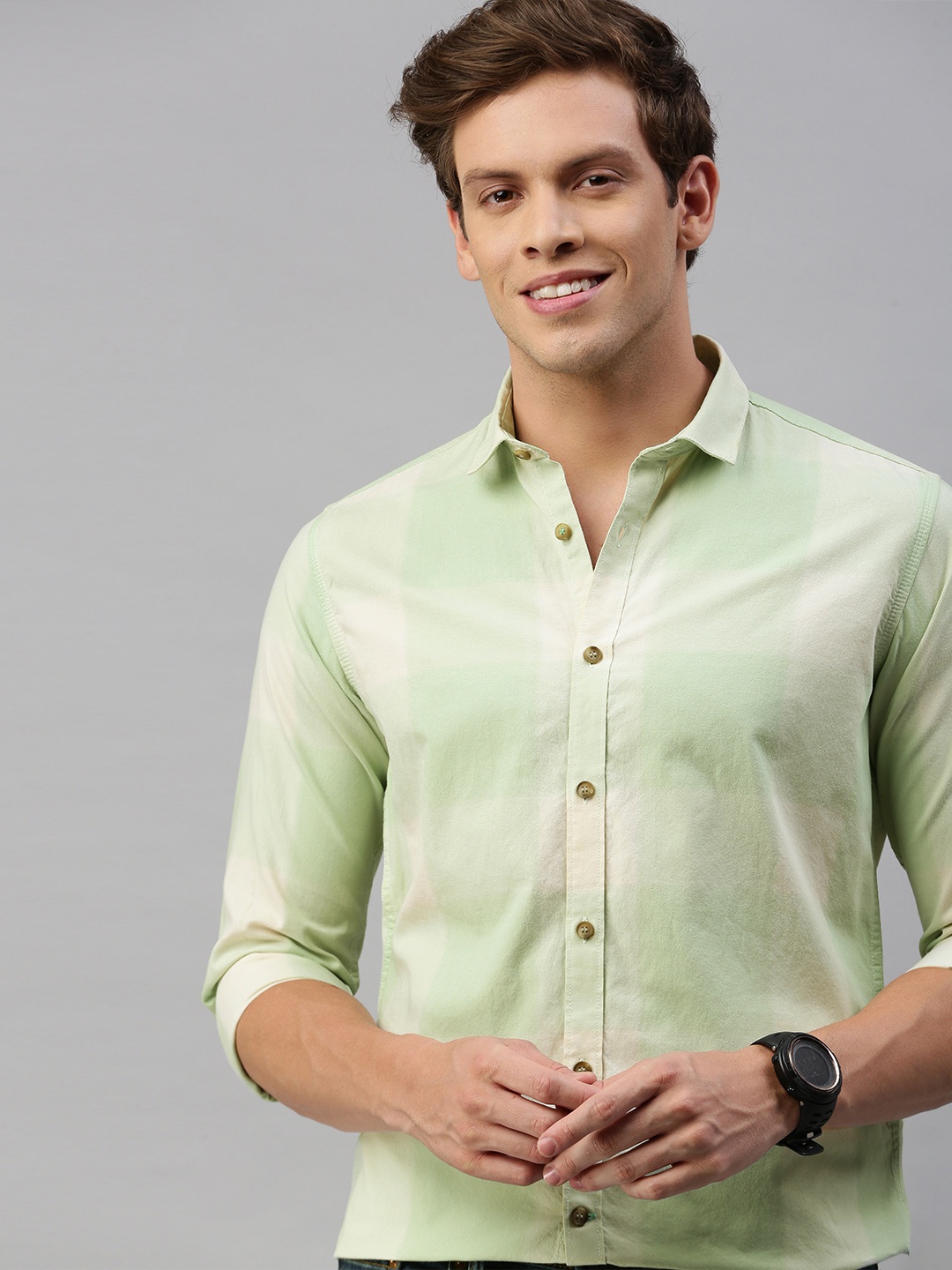 

M&H Our Water Men Green & Off-White Slim Fit Checked Sustainable Casual Shirt