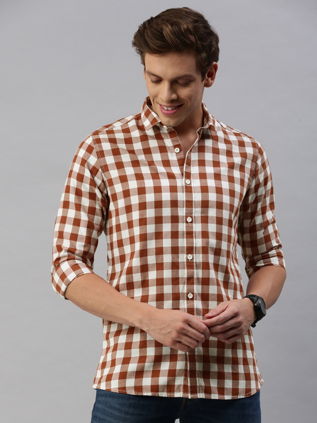 

M&H Our Water Men Rust Brown & Off-White Slim Fit Checked Sustainable Casual Shirt