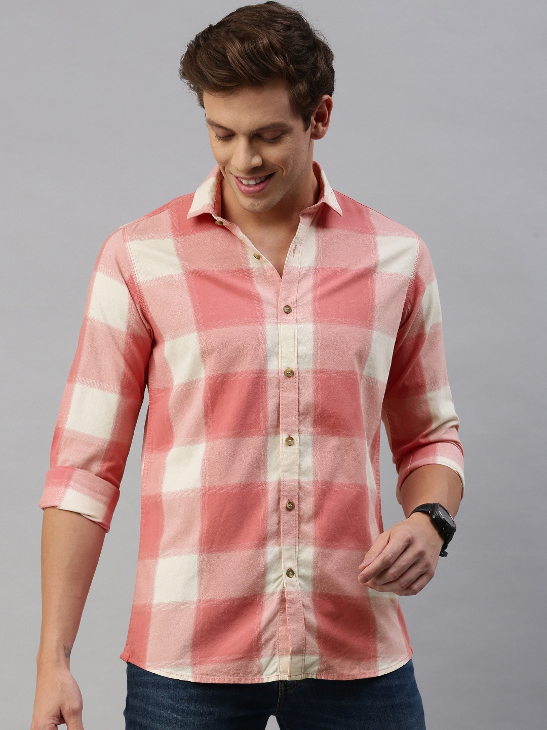 

M&H Our Water Men Off-White & Pink Slim Fit Checked Sustainable Casual Shirt