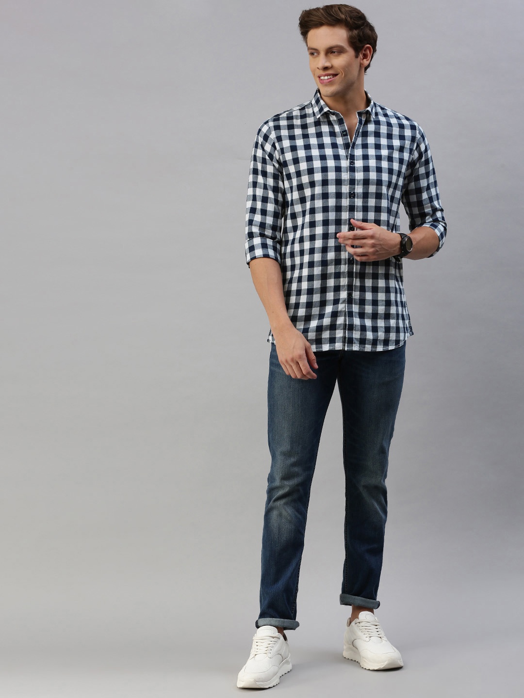 

M&H Our Water Men White & Navy Blue Slim Fit Checked Sustainable Casual Shirt