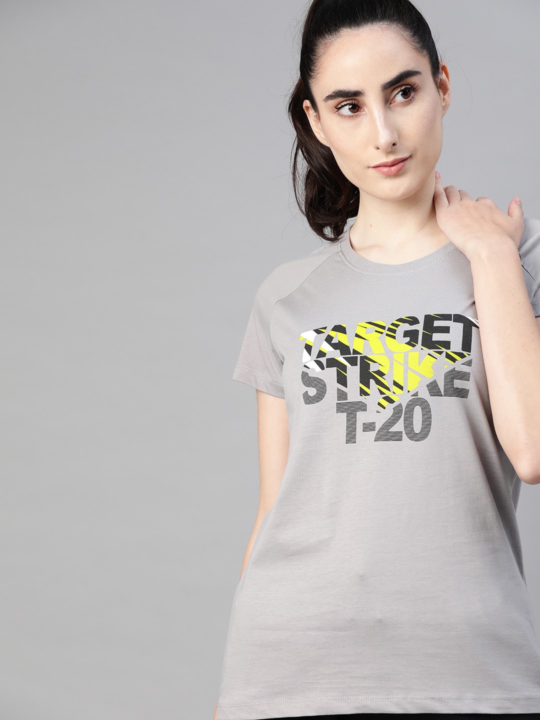 

HRX by Hrithik Roshan Women Grey Black Printed Bio-Wash Cricket Pure Cotton T-shirt