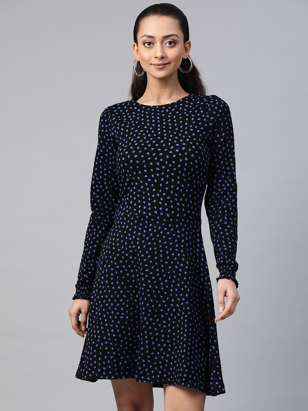 

DOROTHY PERKINS Women Ecovero Black & Blue Abstract Print A-Line Dress