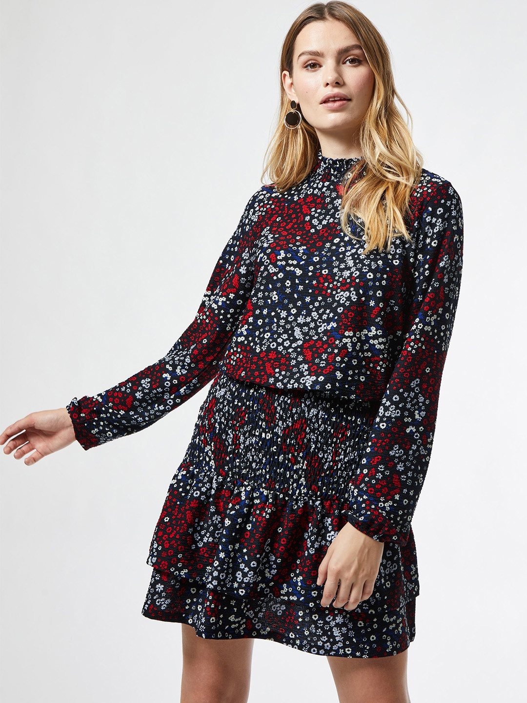 

DOROTHY PERKINS Women Black & Maroon Floral Print Blouson Dress