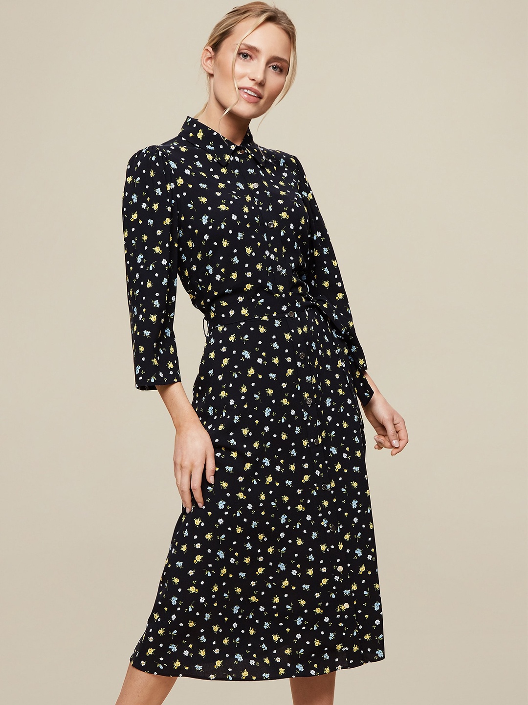 

DOROTHY PERKINS Women Black & Yellow Floral Print Shirt Dress