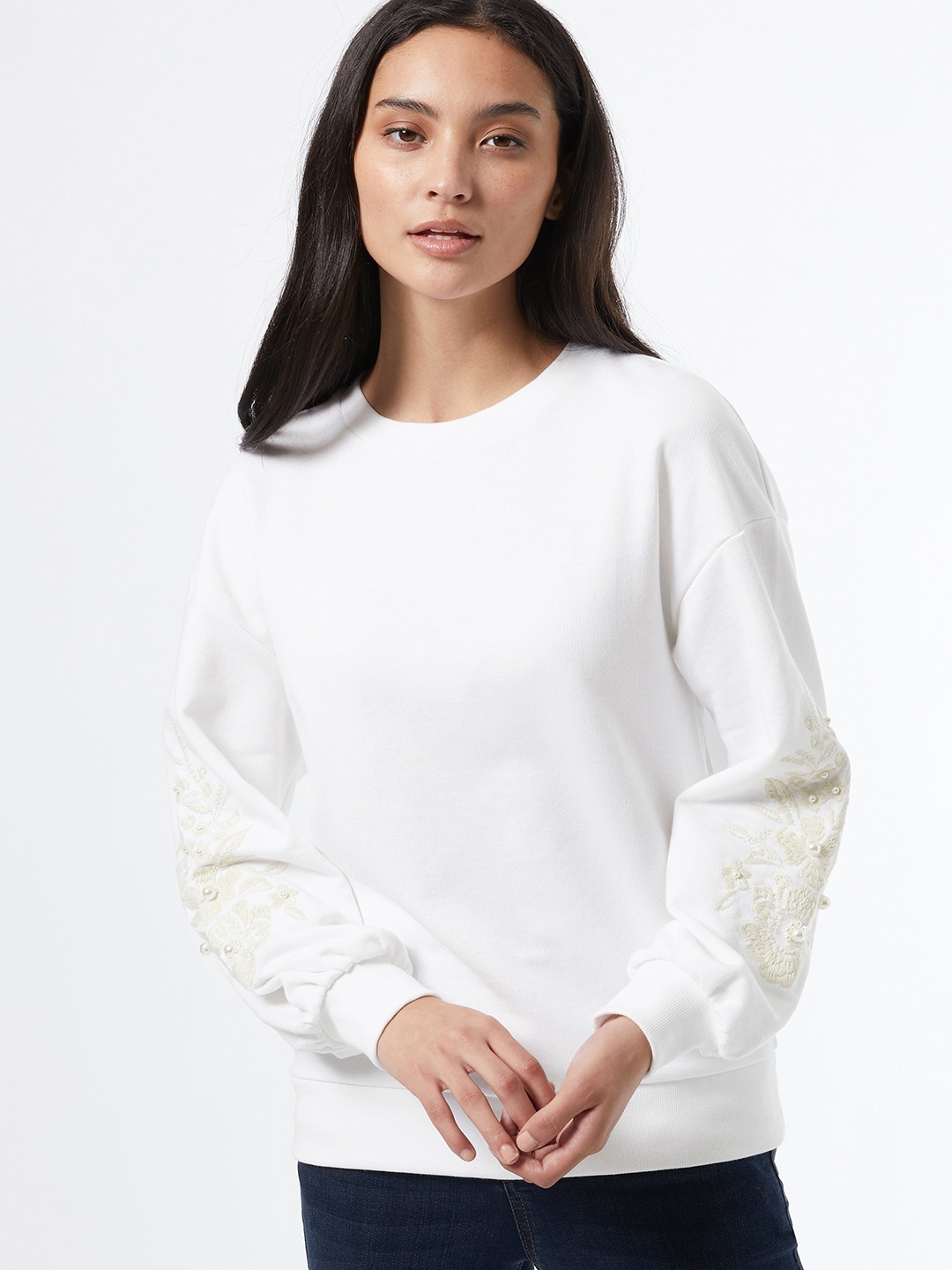 

DOROTHY PERKINS Women White Pure Cotton Solid Sweatshirt with Embroidered Detail