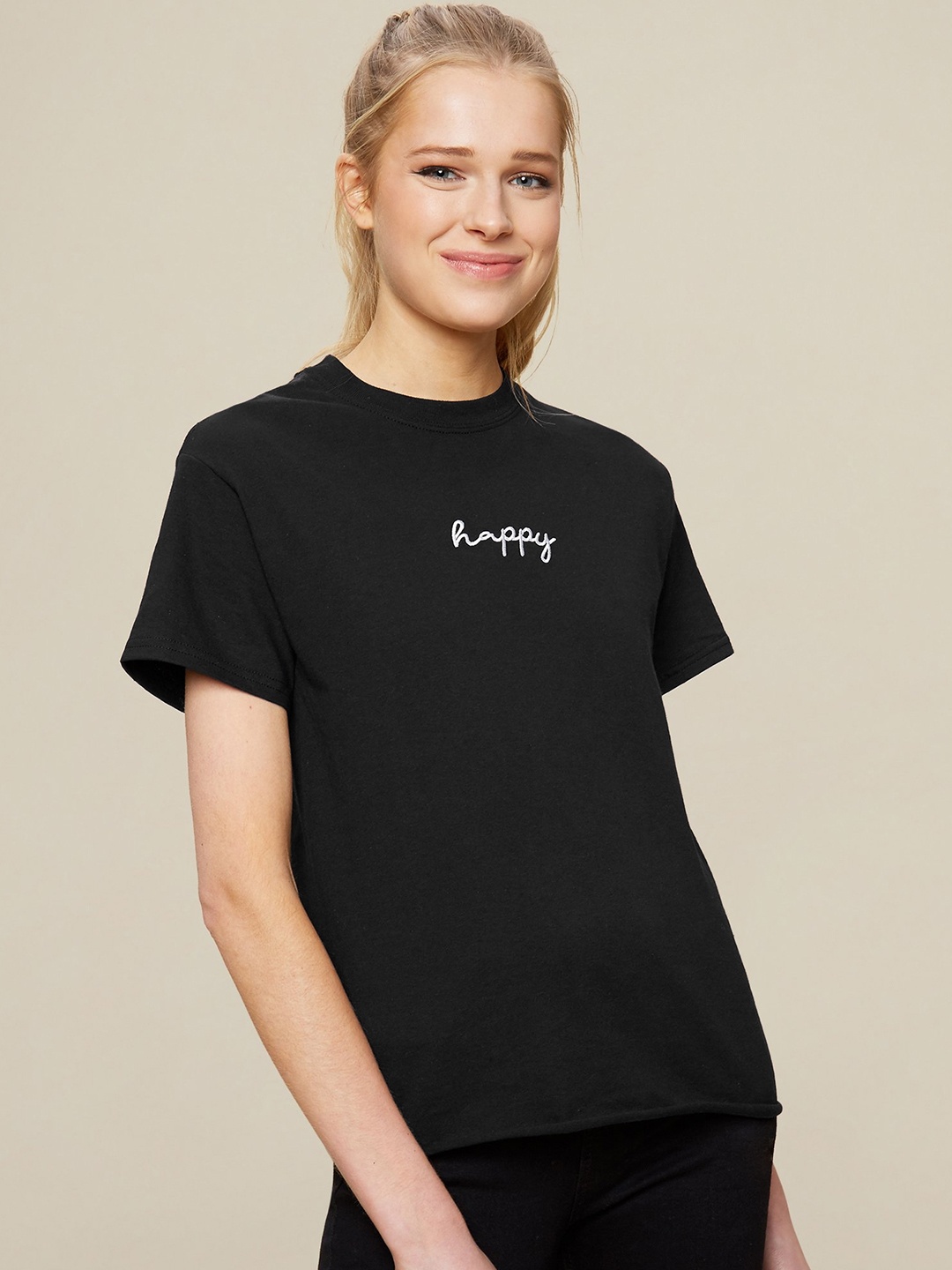 

DOROTHY PERKINS Women Black Pure Cotton Solid Round Neck Pure Cotton T-shirt