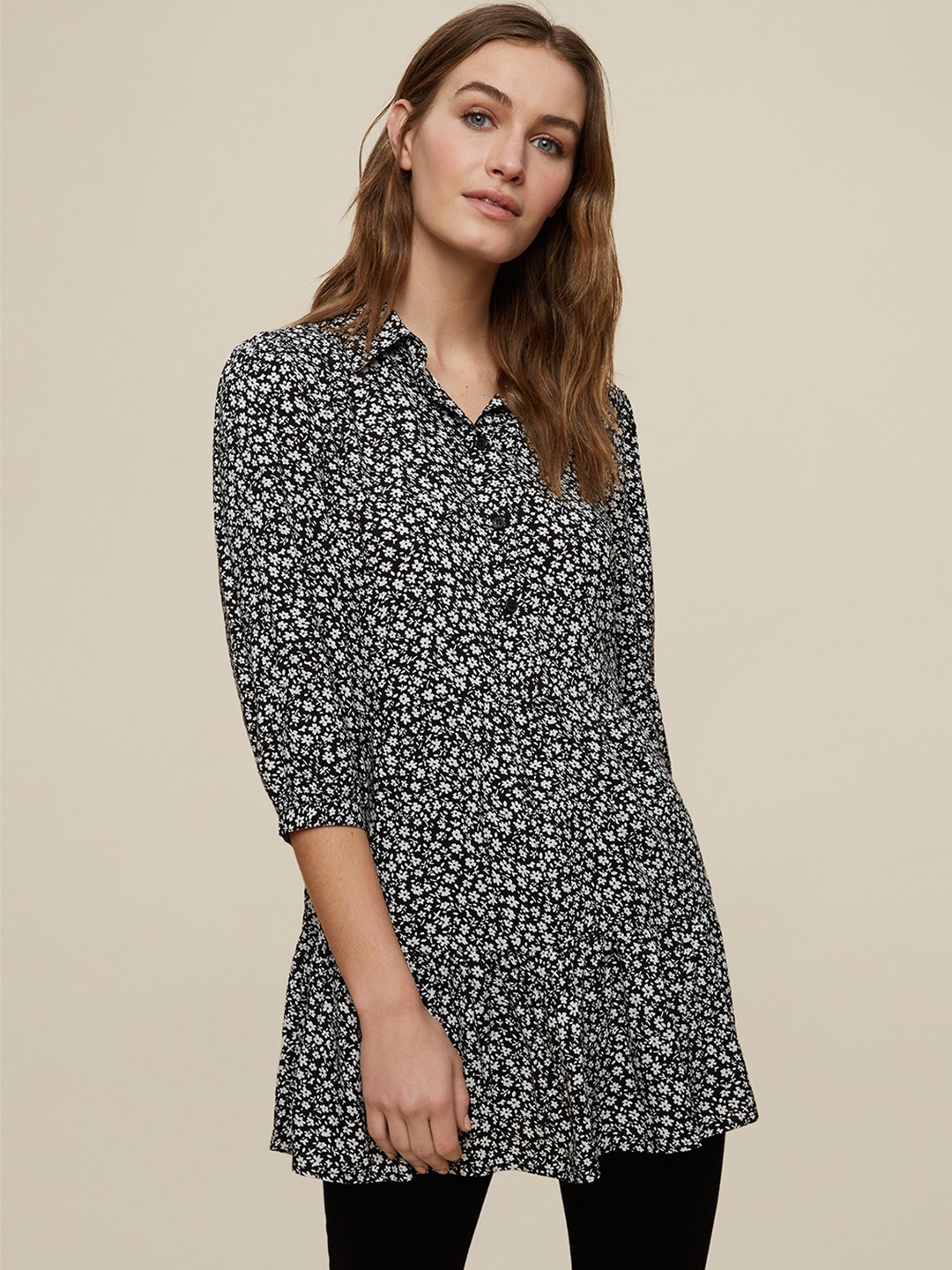 

DOROTHY PERKINS Women Black & White Floral Print Shirt Style Top