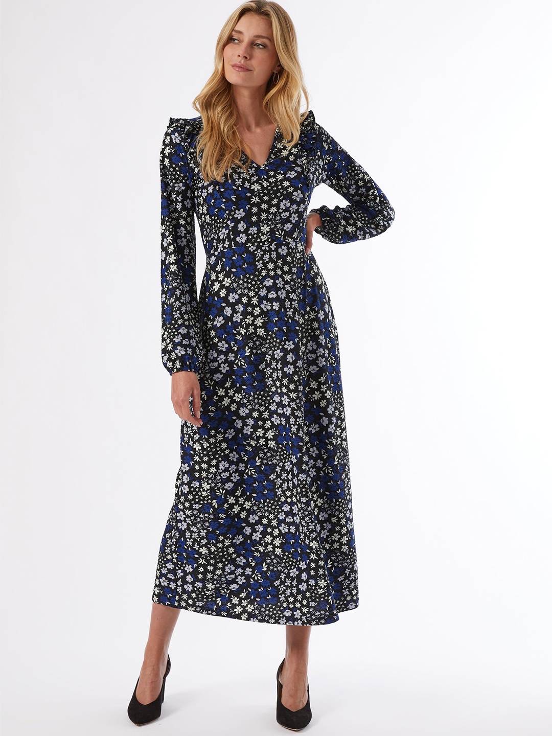 

DOROTHY PERKINS Women Blue & White Floral Print Ruffle A-Line Dress