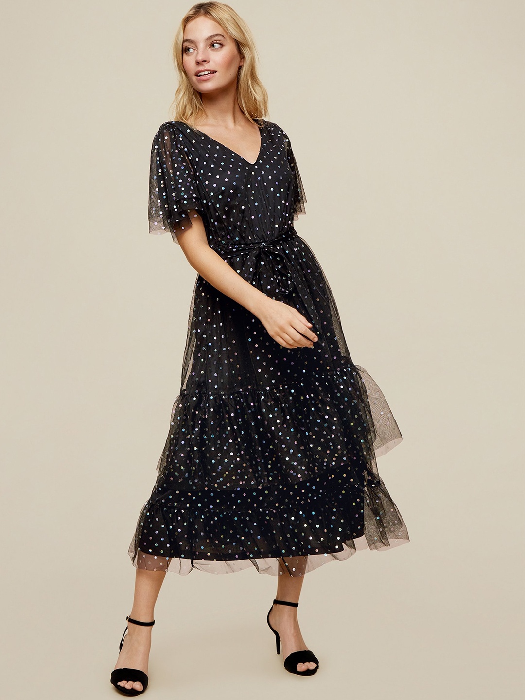 

DOROTHY PERKINS Women Petite Black & Blue Polka Dot Print Net Tiered A-Line Dress