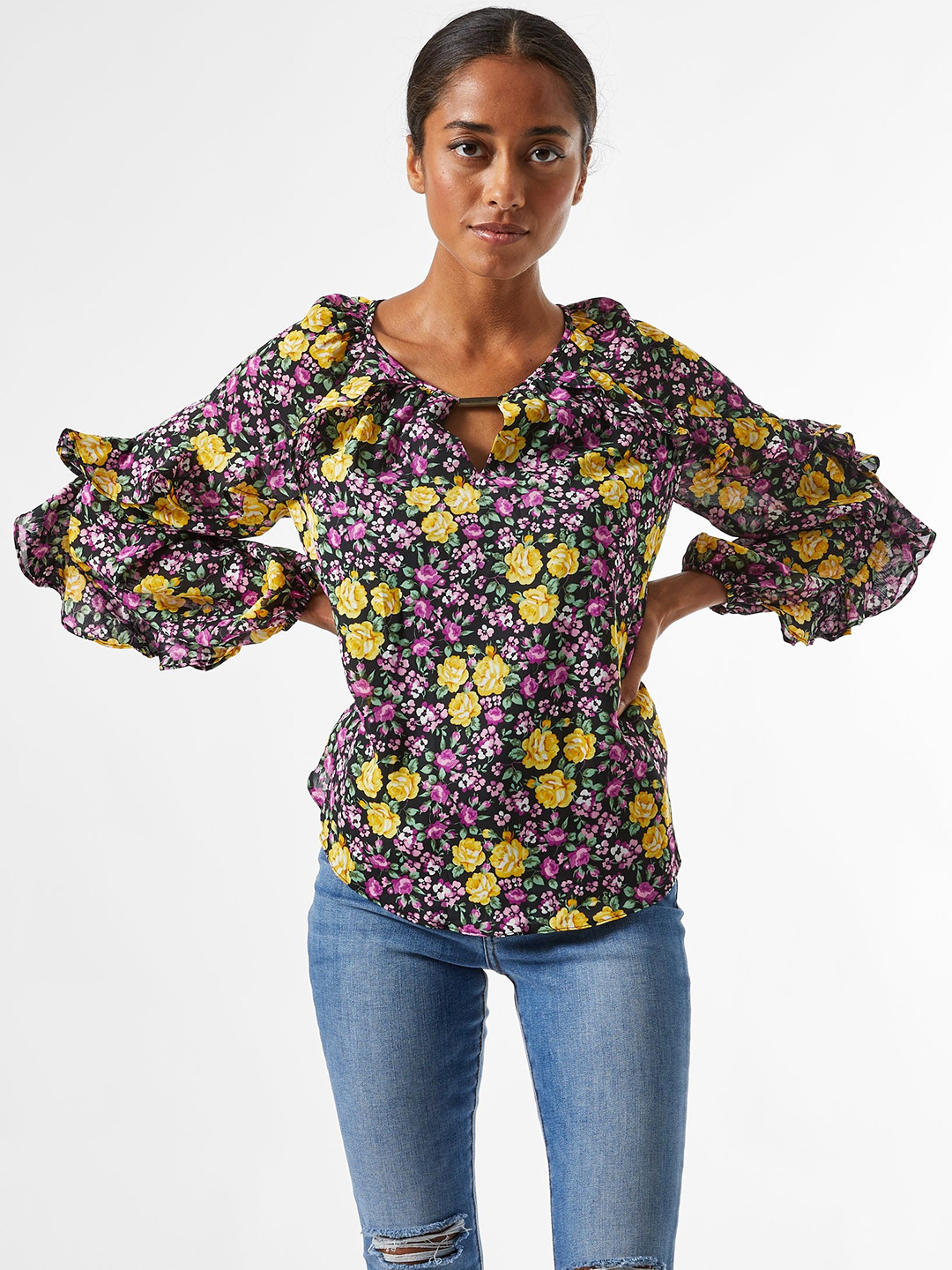 

DOROTHY PERKINS Petite Purple & Yellow Floral Printed Puff Sleeves Top
