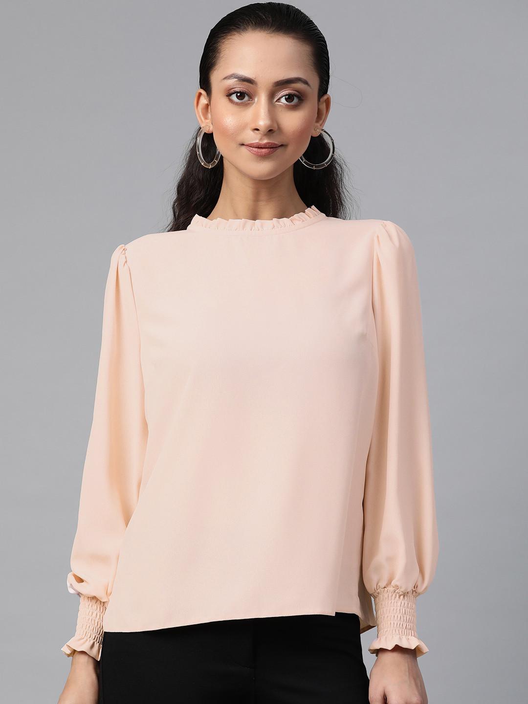 

DOROTHY PERKINS Peach-Coloured Solid Petite Puff Sleeves Top