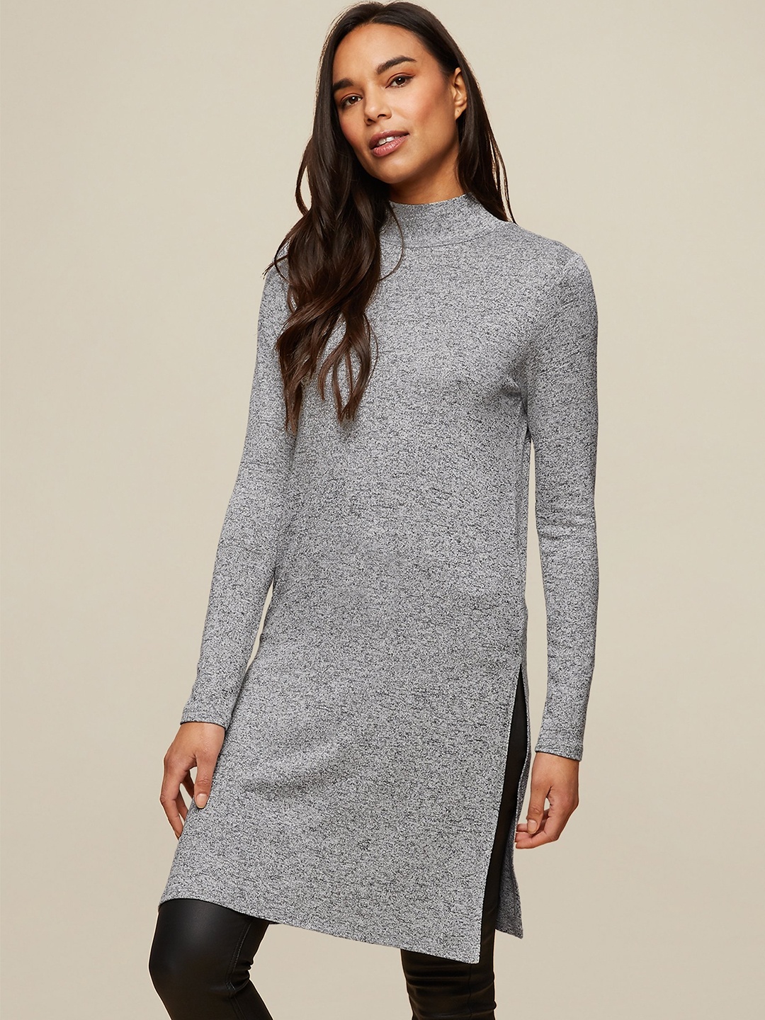

DOROTHY PERKINS Women Grey Melange Solid Side Slit Tunic