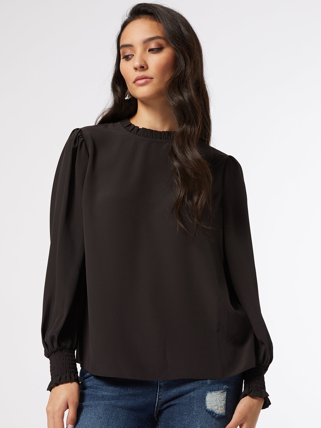 

DOROTHY PERKINS Petite Black Puff Sleeves Solid Top