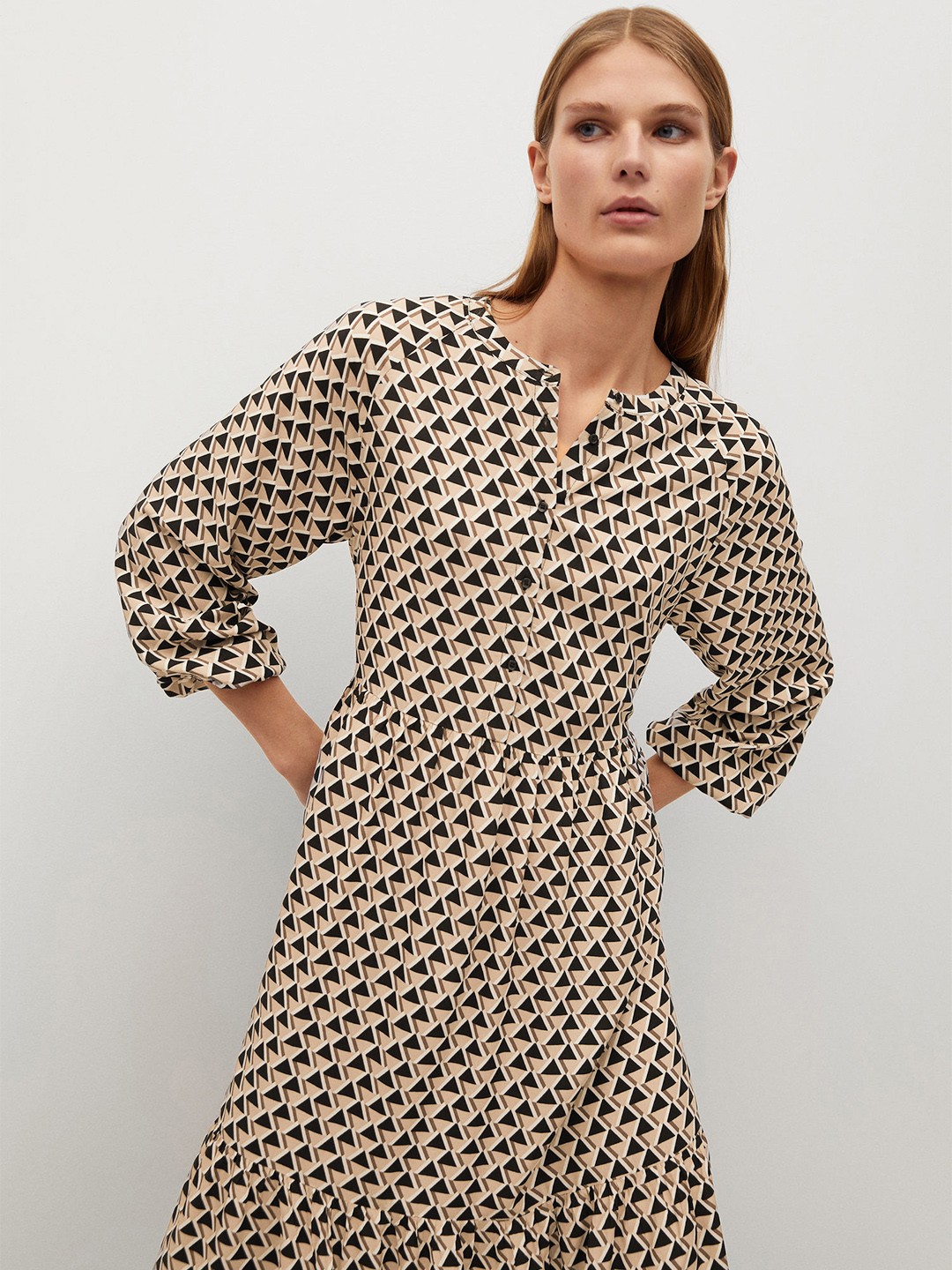 

MANGO Women Beige & Black Geometric Printed A-Line Dress