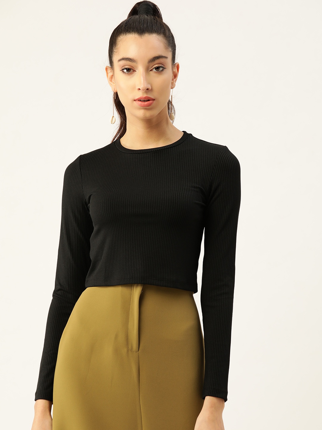 

MANGO Women Black Ribbed Sustainable Round Neck T-shirt