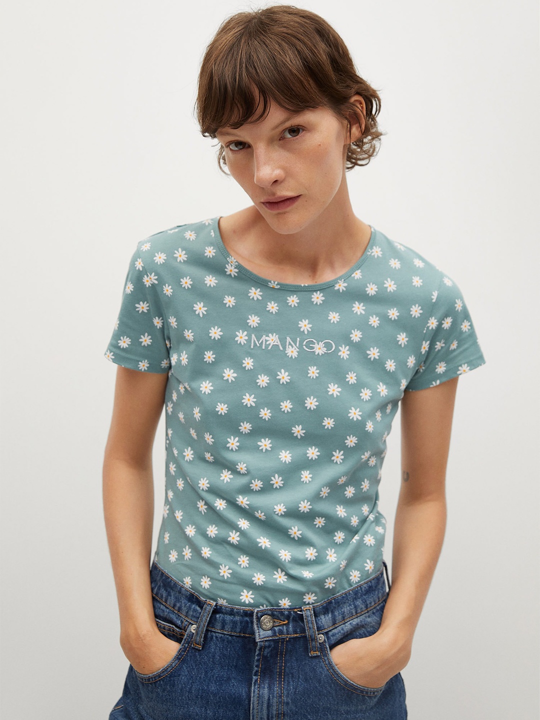 

MANGO Women Sea Green White Floral Print Pure Cotton Sustainable Pure Cotton T-shirt