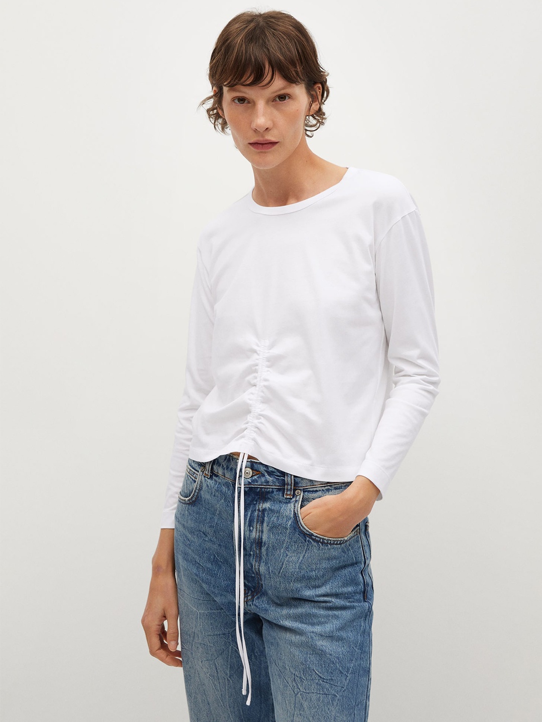 

MANGO White Solid Tie-up Organic Cotton Regular Top