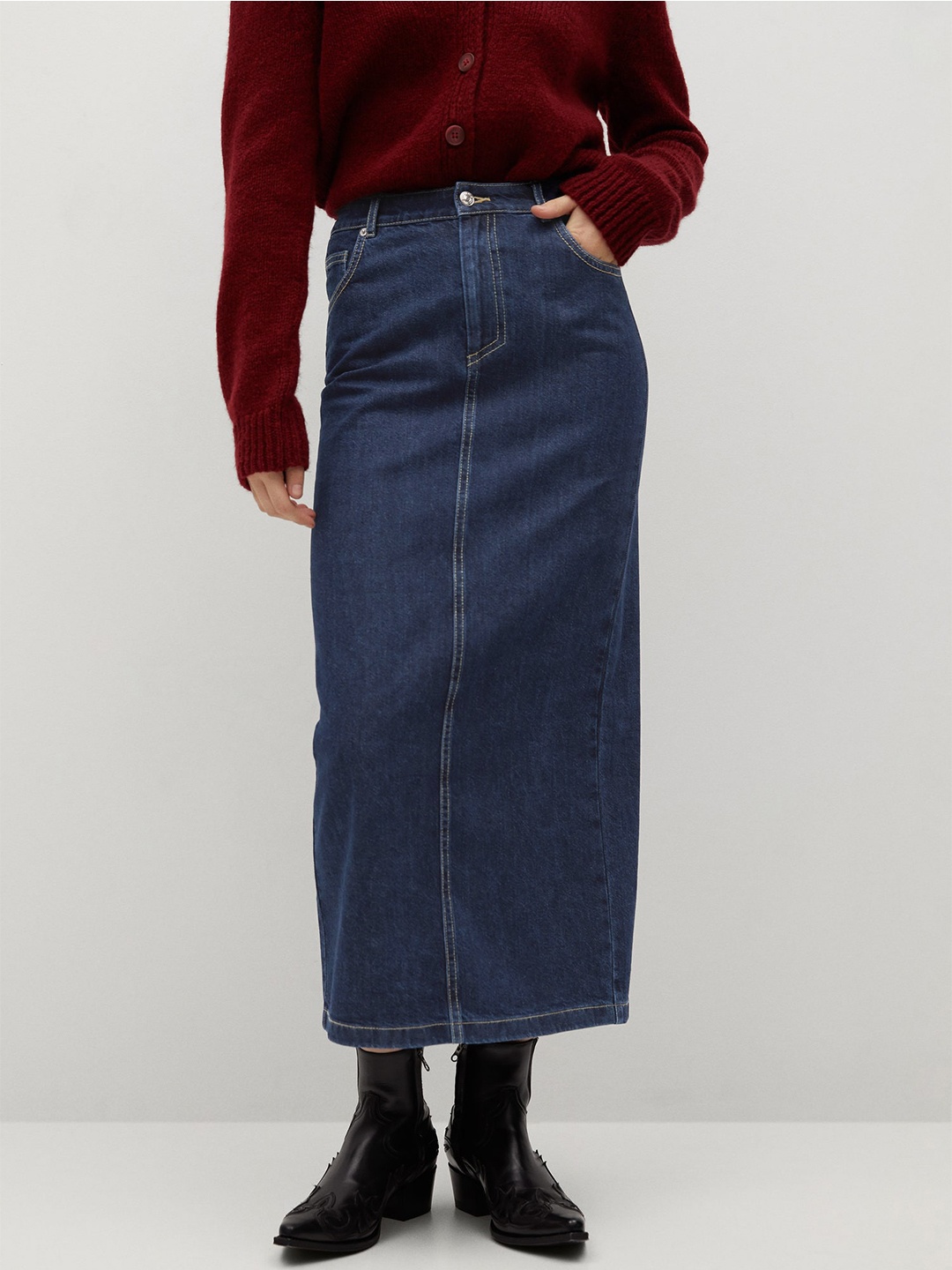 

MANGO Navy Blue Washed Straight Pure Cotton Sustainable Denim Midi Skirt