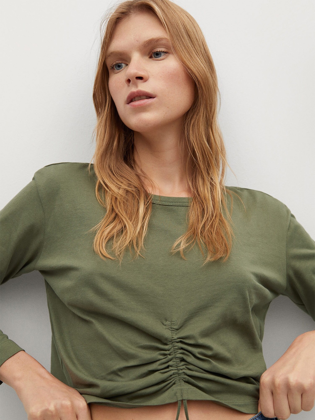 

MANGO Olive Green Tie-Up Sustainable Organic Cotton Top