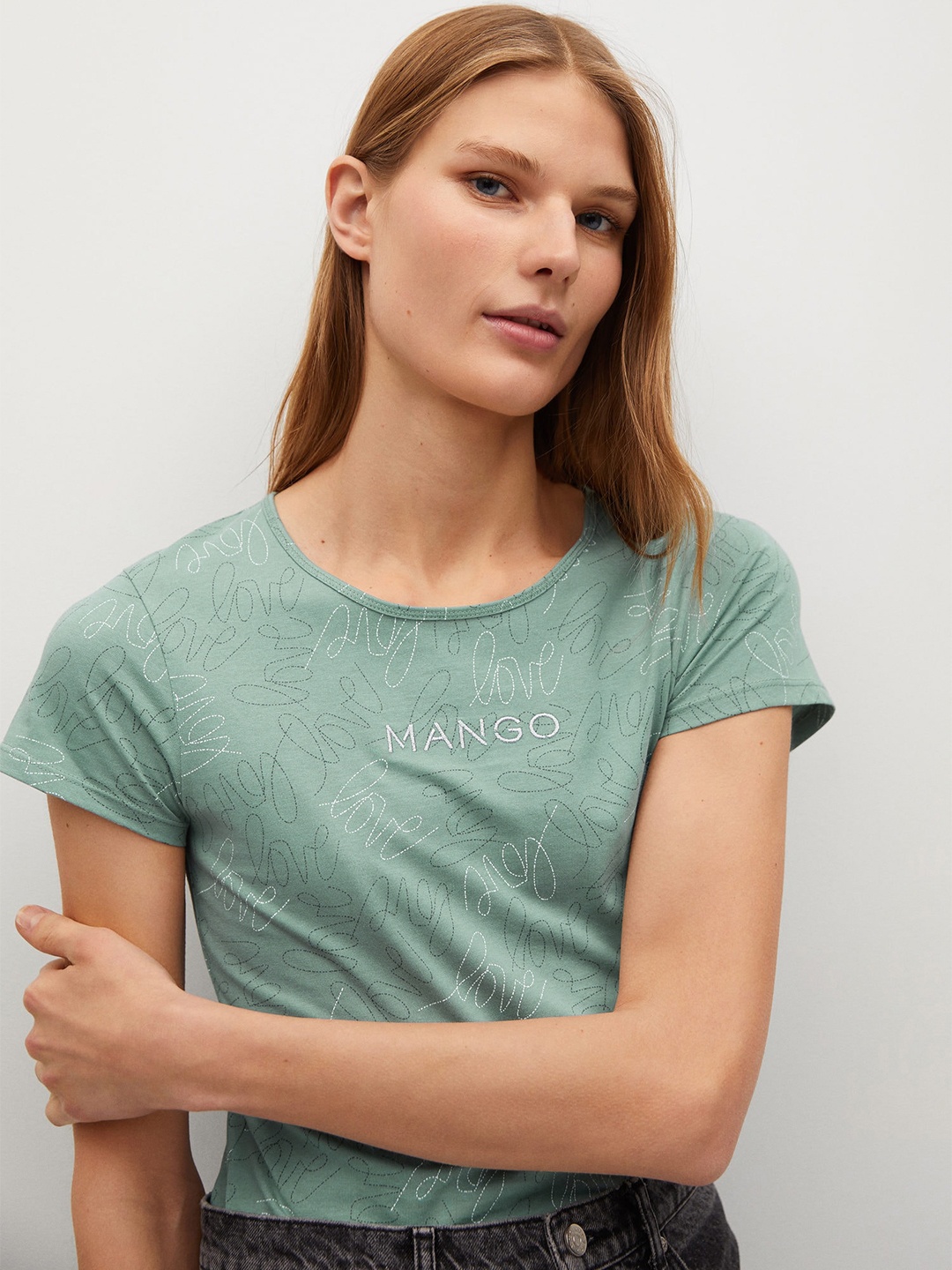 

MANGO Women Green & White Printed Sustainable T-shirt