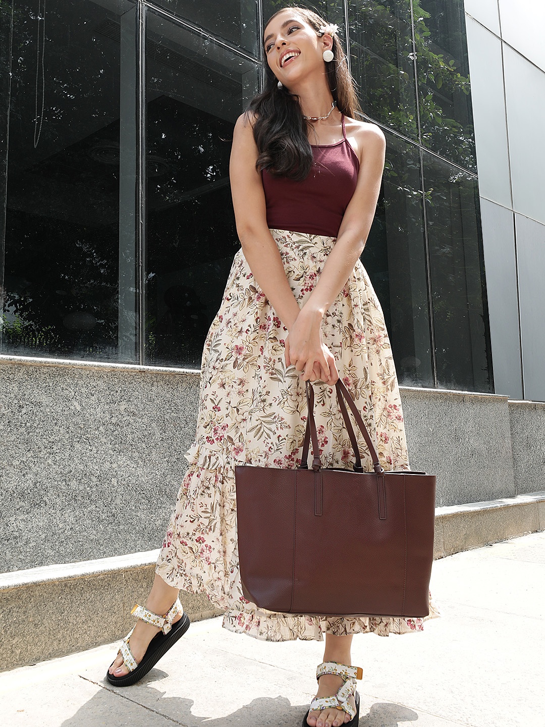 

MANGO Burgundy Solid Tote Bag