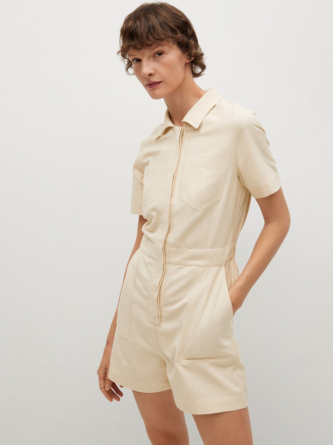 

MANGO Women Off-White Solid Shirt Collar Playsuit