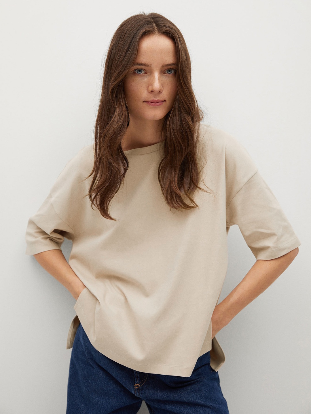 

MANGO Women Beige Solid Relaxed Fit Organic Cotton Drop Shoulder T-shirt
