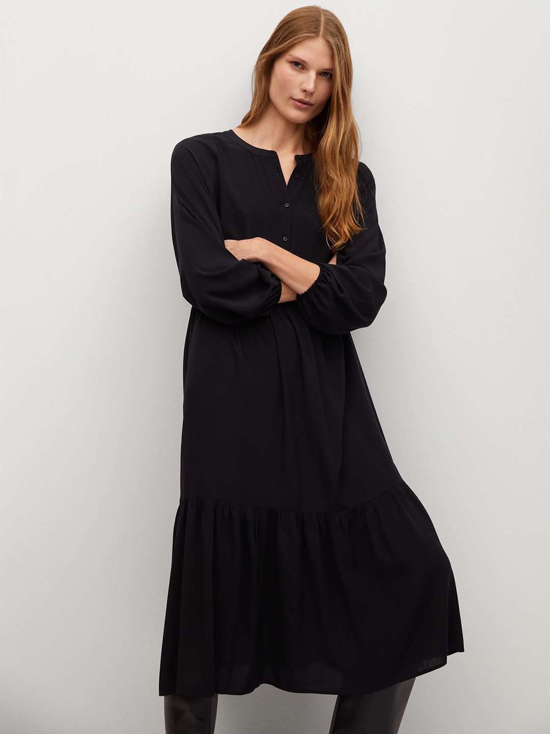 

MANGO Women Black Solid Tiered A-Line Dress
