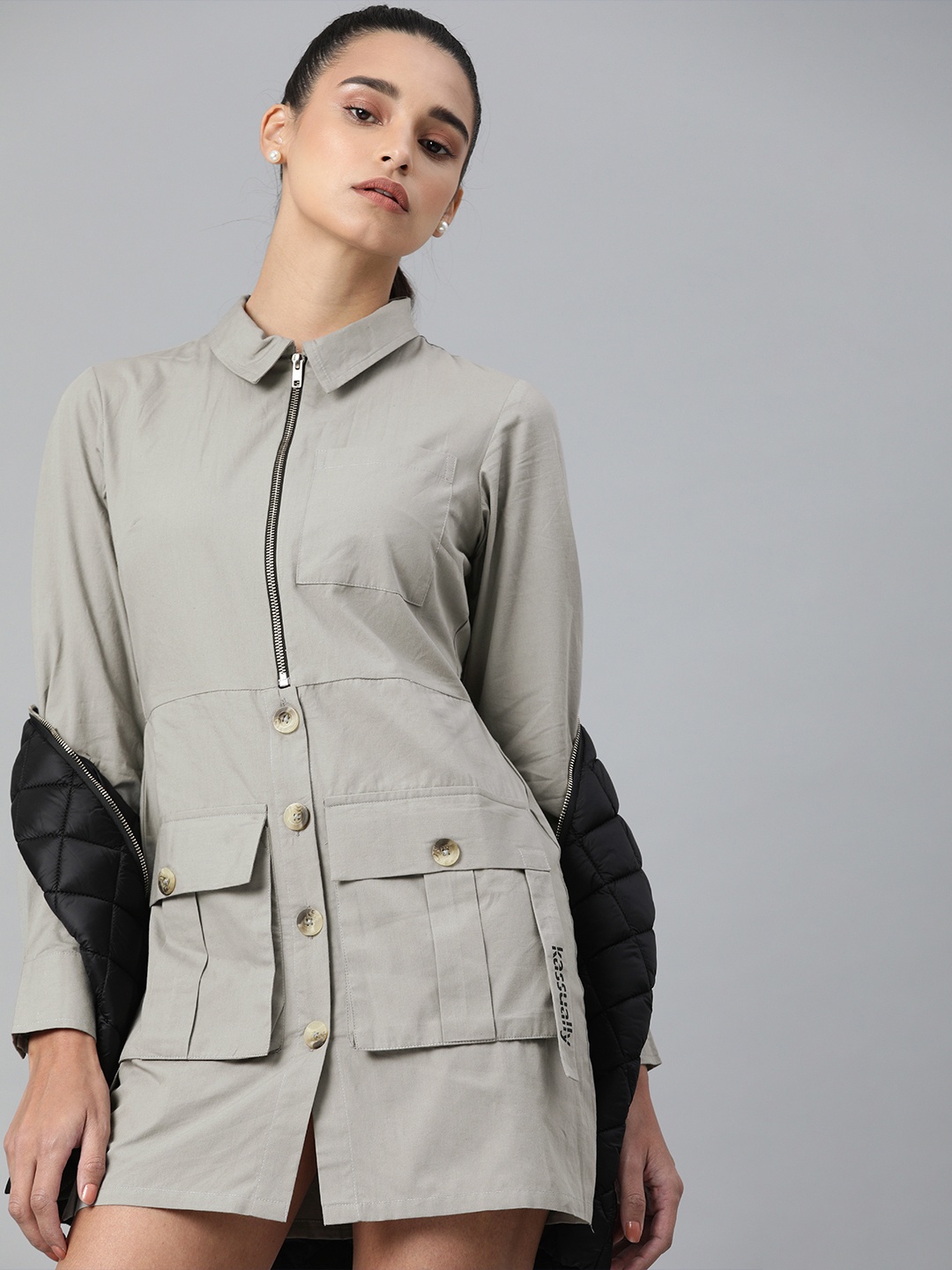 

KASSUALLY Women Grey Solid Pocket Detailed Shirt Dress