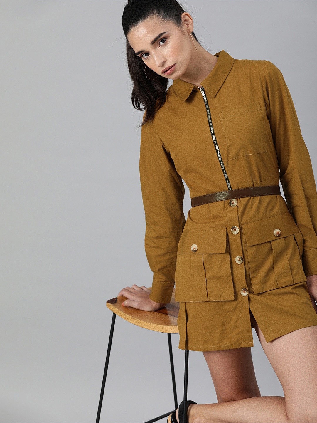 

KASSUALLY Women Mustard Yellow Solid Pocket Detailed Shirt Dress