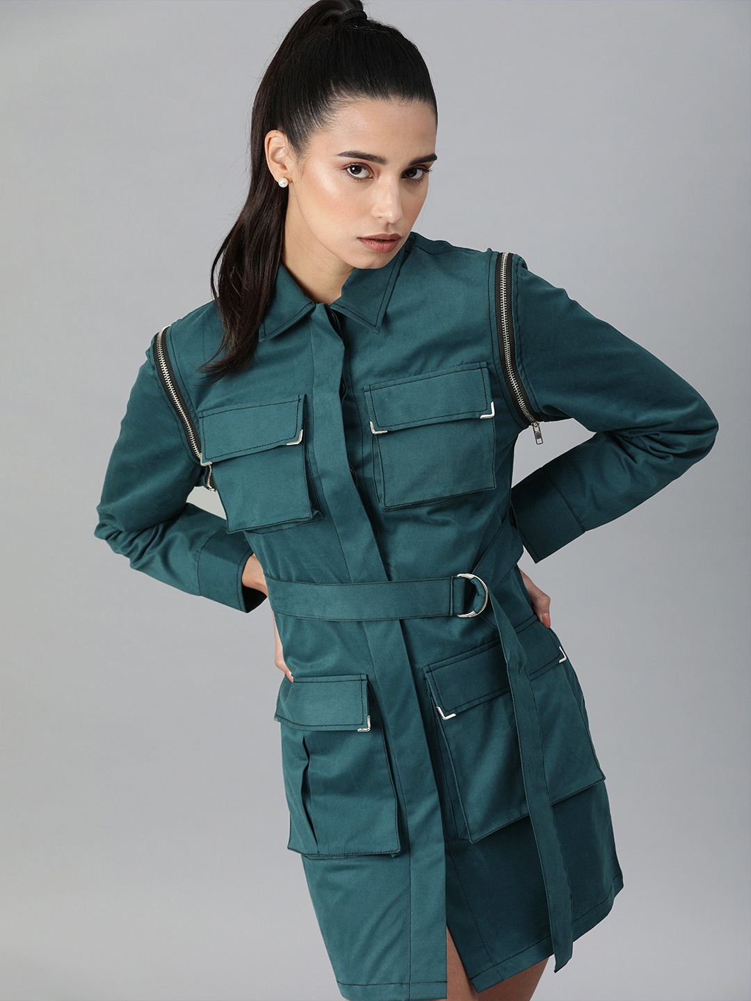 

KASSUALLY Women Teal Blue Solid Shirt Dress With Detachable Sleeves