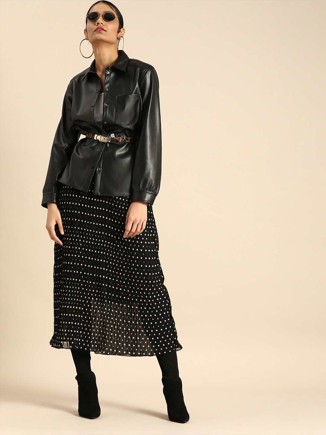 

Women Black & Off-White Accordion Pleated Polka Dots Print A-Line Midi Skirt