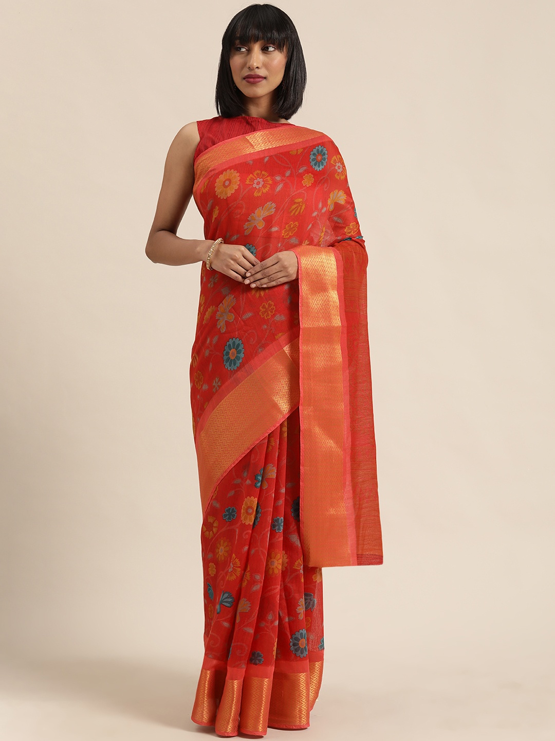 

SHAVYA Red & Blue Pure Linen Printed Saree