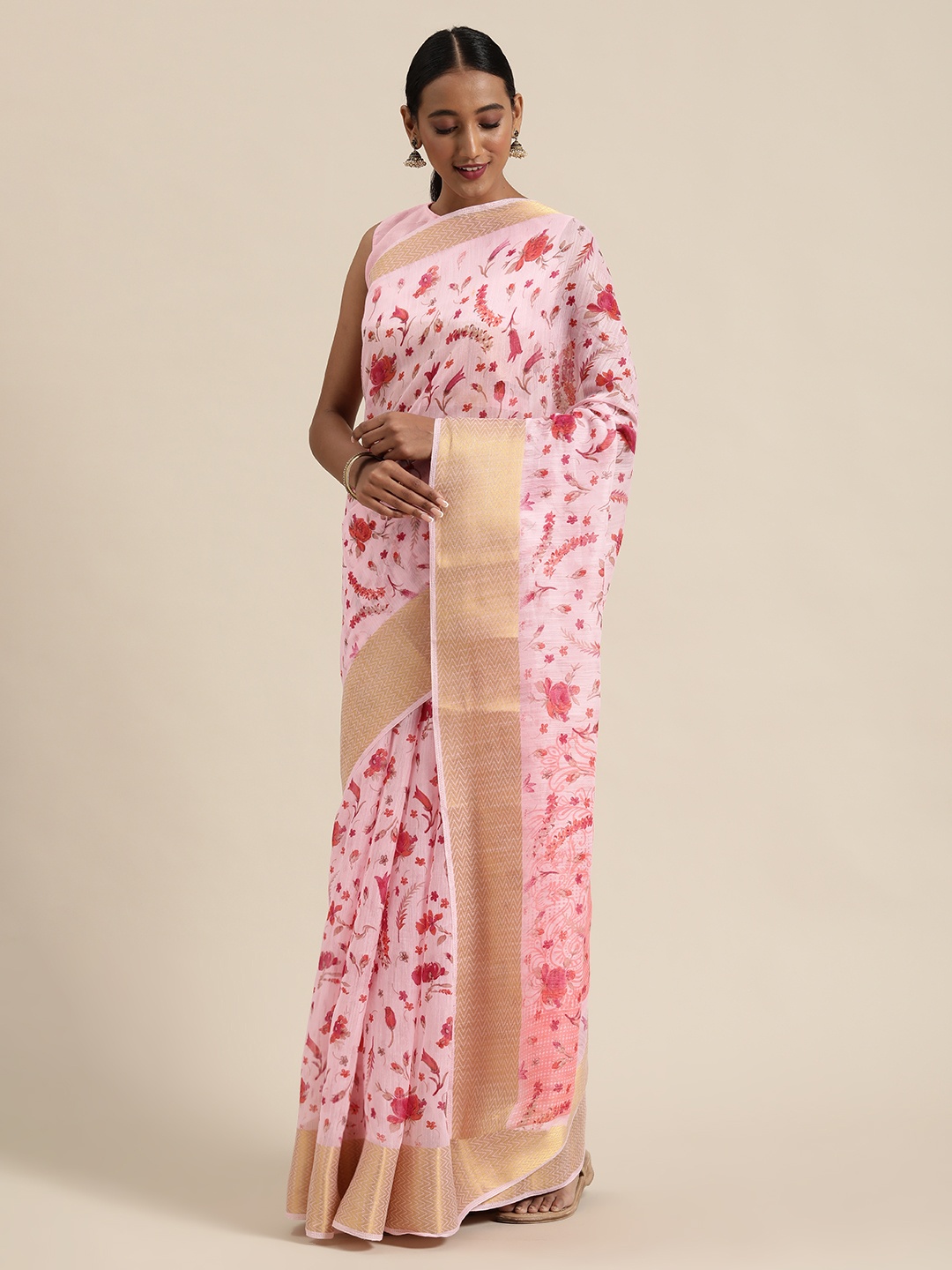 

SHAVYA Rose & Pink Pure Linen Woven Design Printed Saree