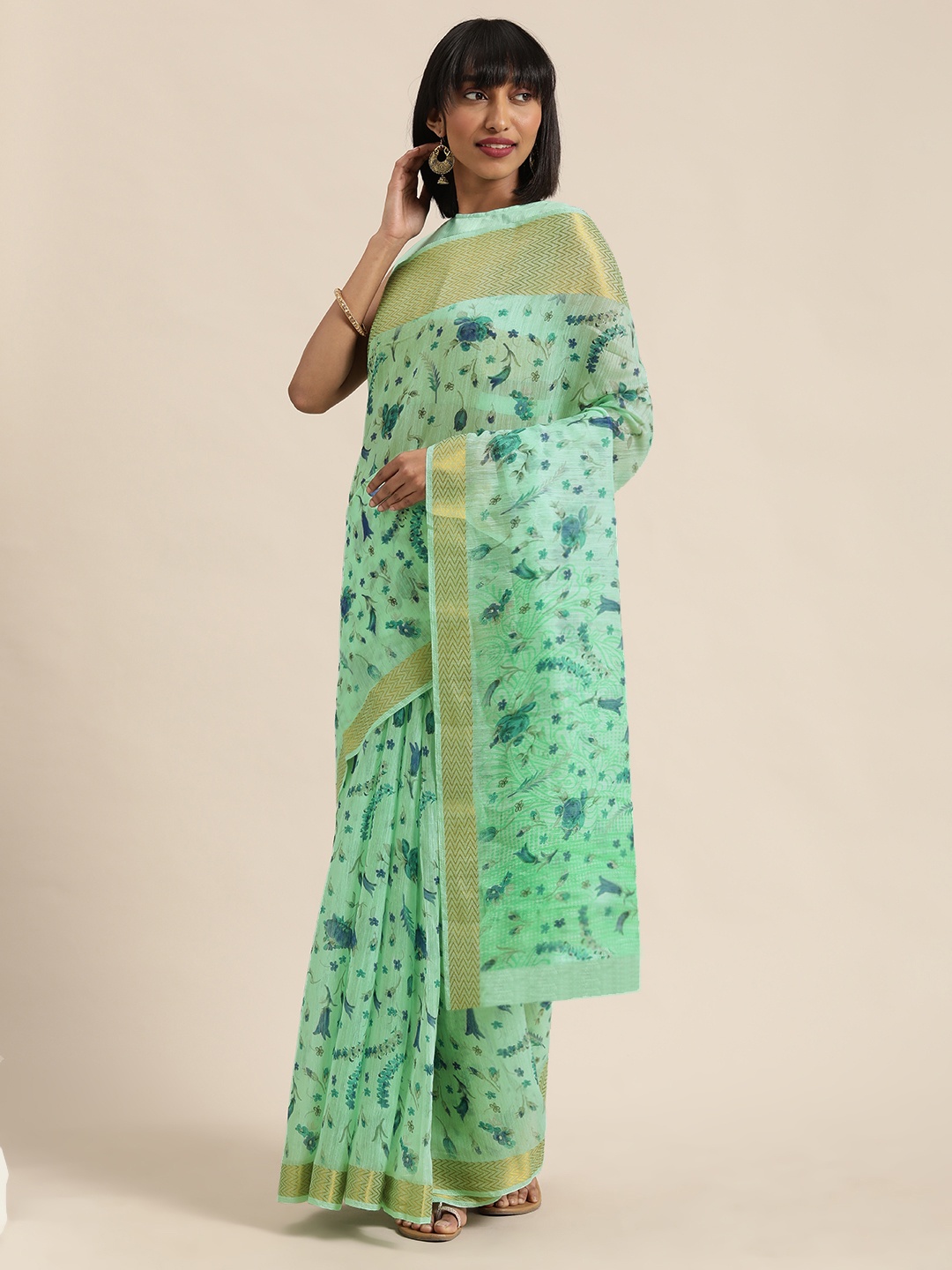 

SHAVYA Sea Green & Navy Blue Pure Linen Printed Saree