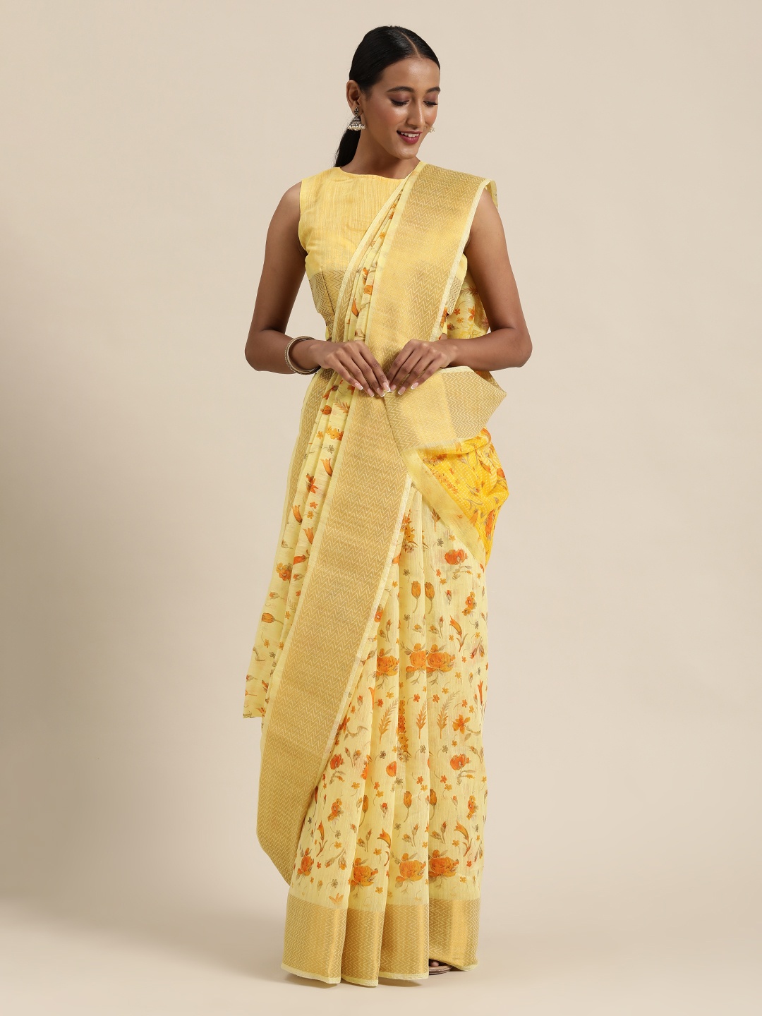 

SHAVYA Yellow & Orange Pure Linen Woven Design Printed Saree