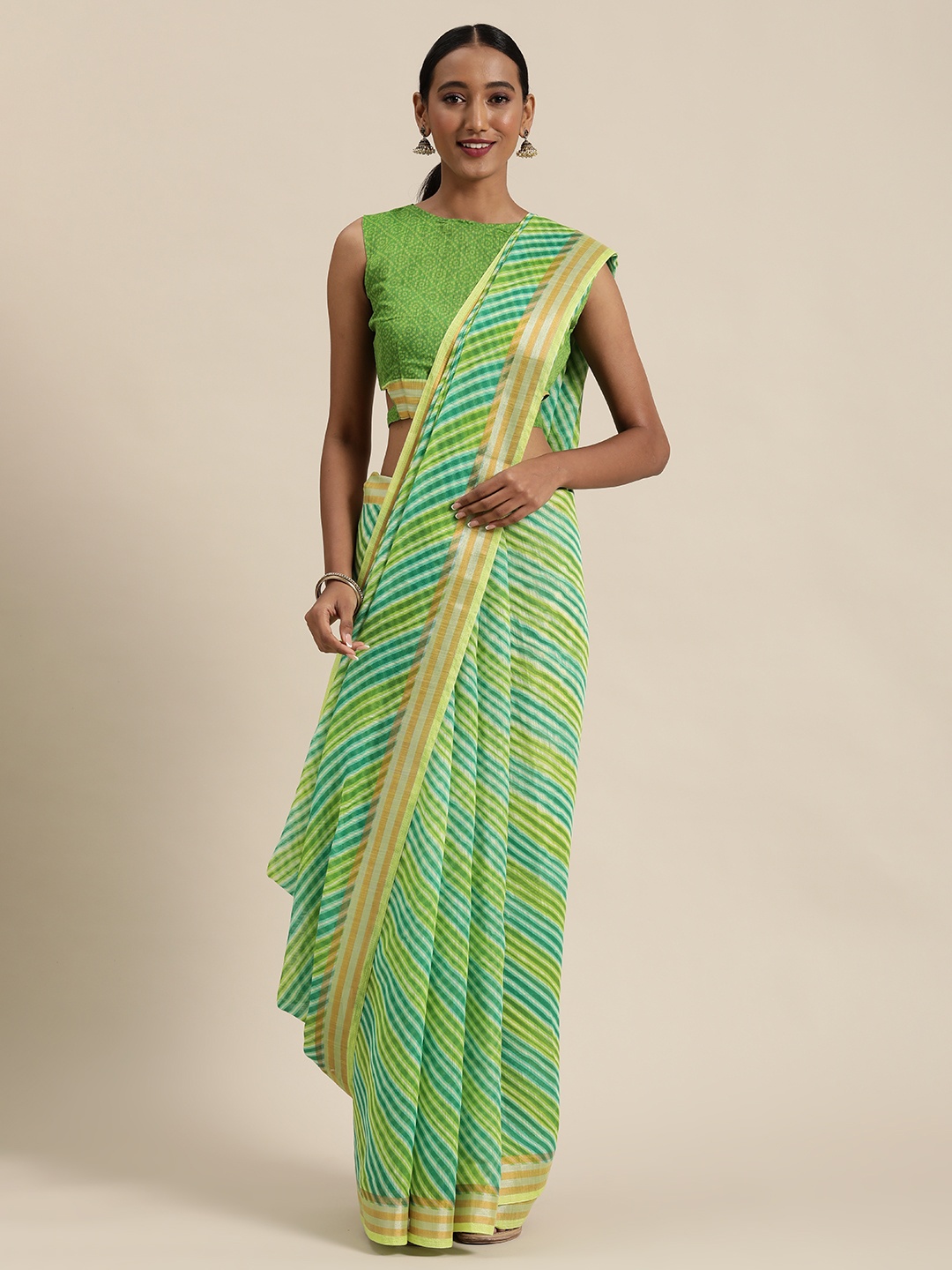 

SHAVYA Fluorescent Green & Yellow Pure Linen Printed Leheriya Saree