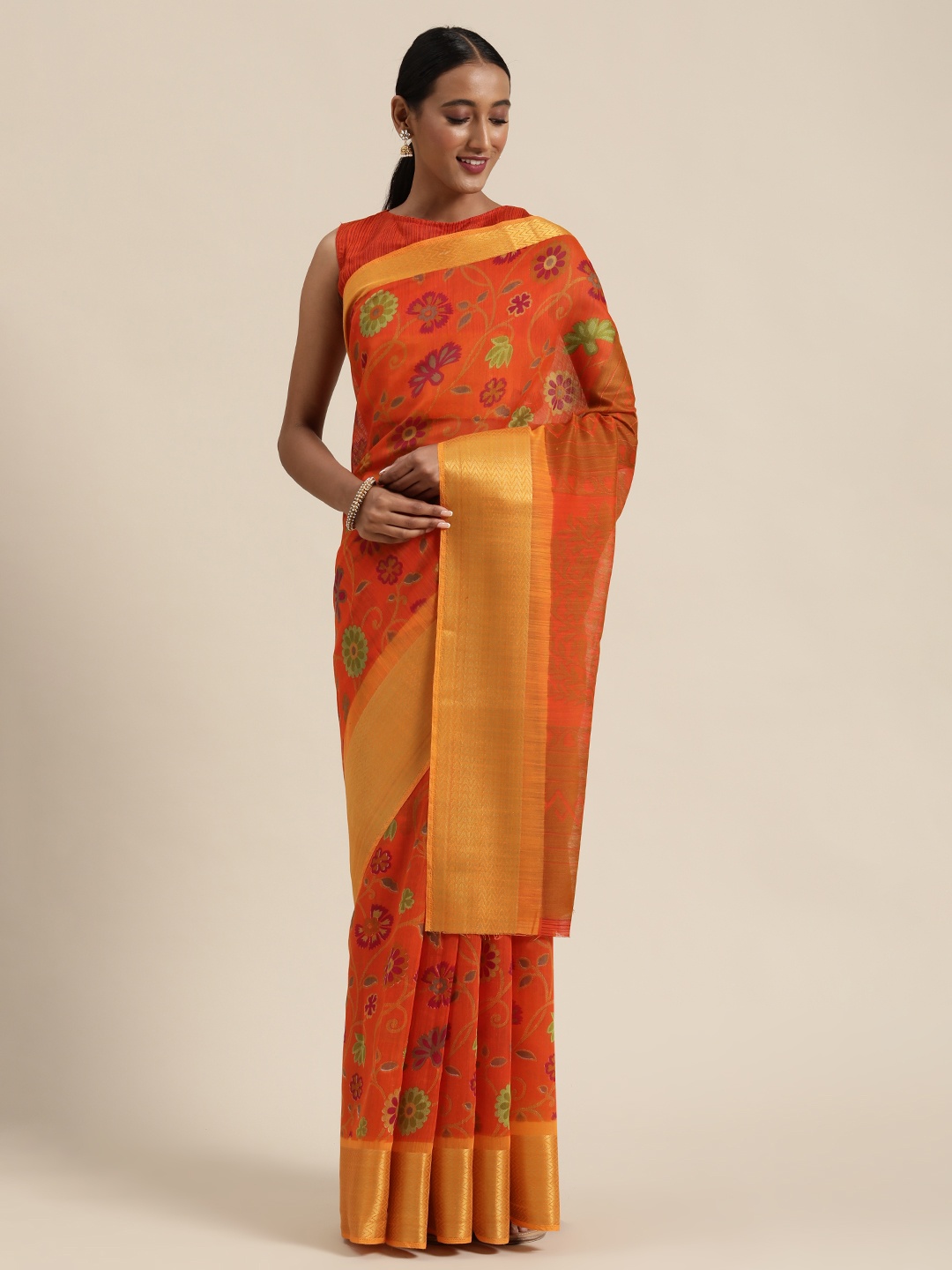 

SHAVYA Orange Printed Pure Linen Saree
