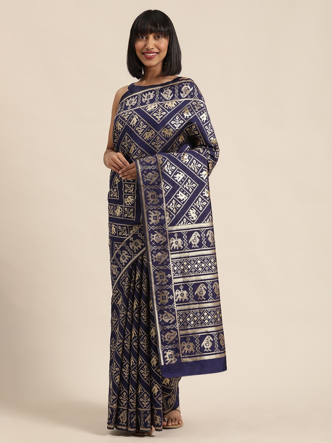 

SHAVYA Navy Blue & Gold-Toned Pure Silk Woven Design Saree