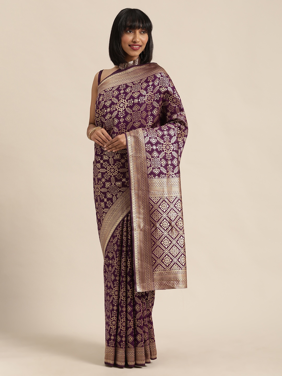 

SHAVYA Purple & Gold-Toned Pure Silk Woven Design Saree