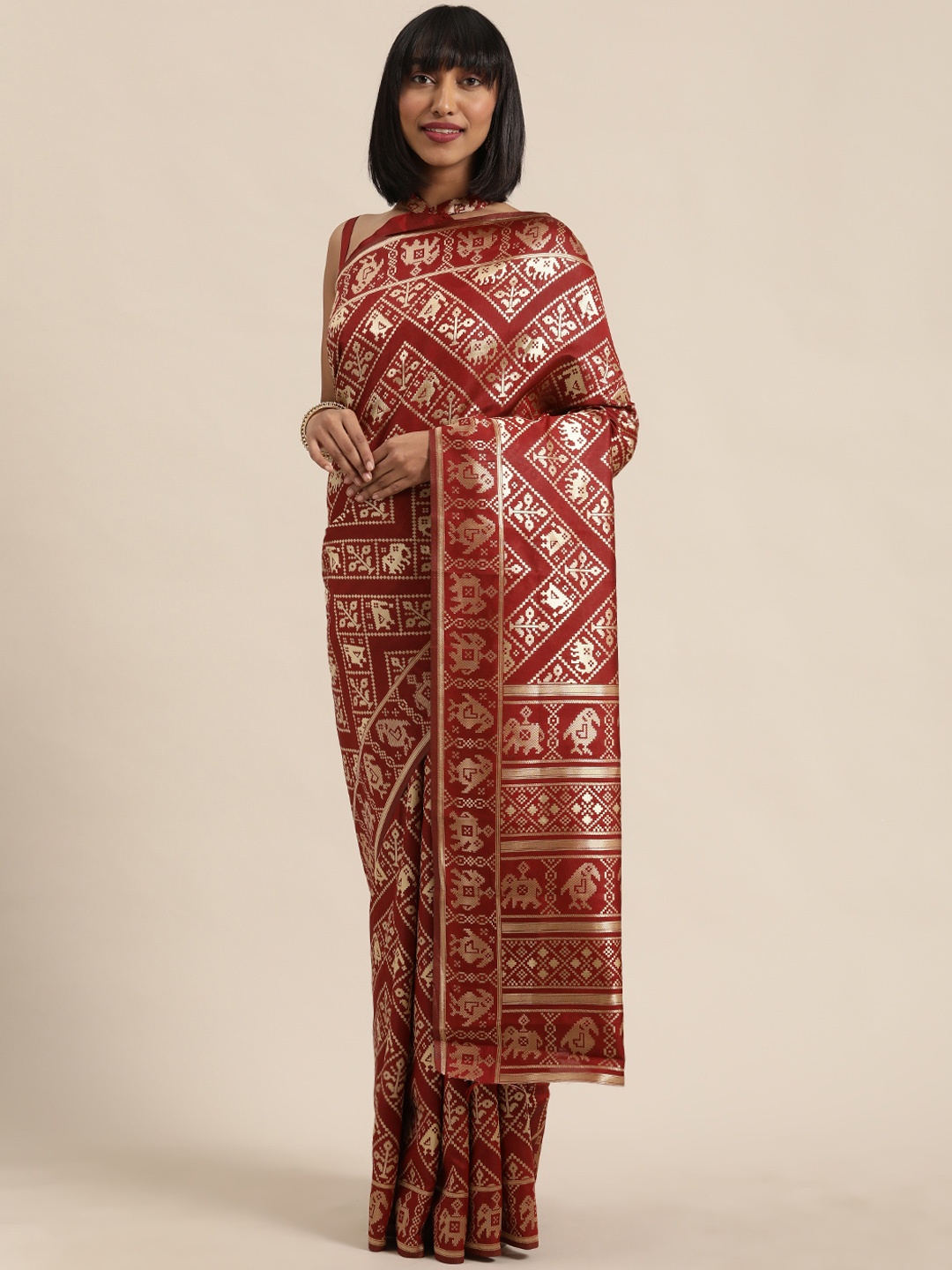 

SHAVYA Maroon & Gold-Toned Pure Silk Woven Design Saree