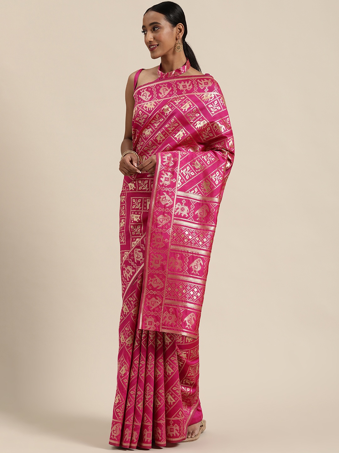 

SHAVYA Fuchsia Pink & Golden Pure Silk Woven Design Saree