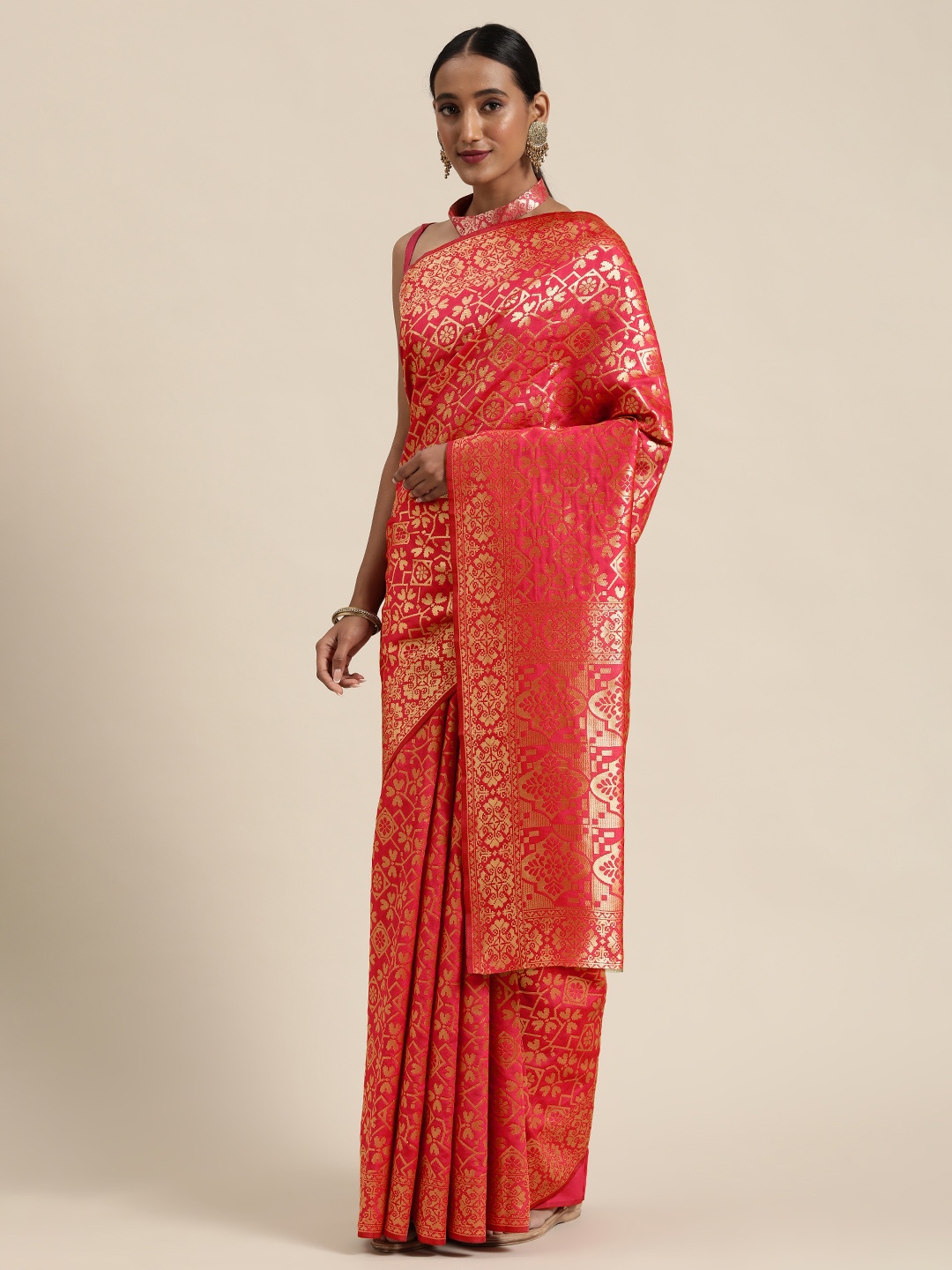 

SHAVYA Pink & Gold-Toned Pure Silk Woven Design Saree