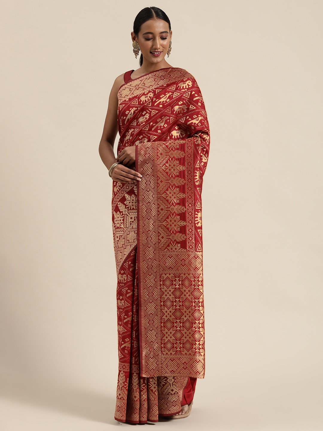 

SHAVYA Maroon & Gold-Toned Pure Silk Woven Design Saree