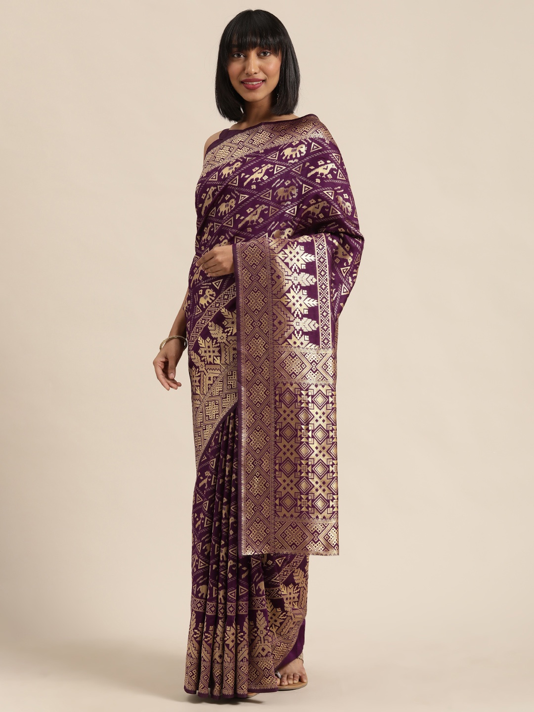 

SHAVYA Purple & Gold-Toned Pure Silk Woven Design Saree