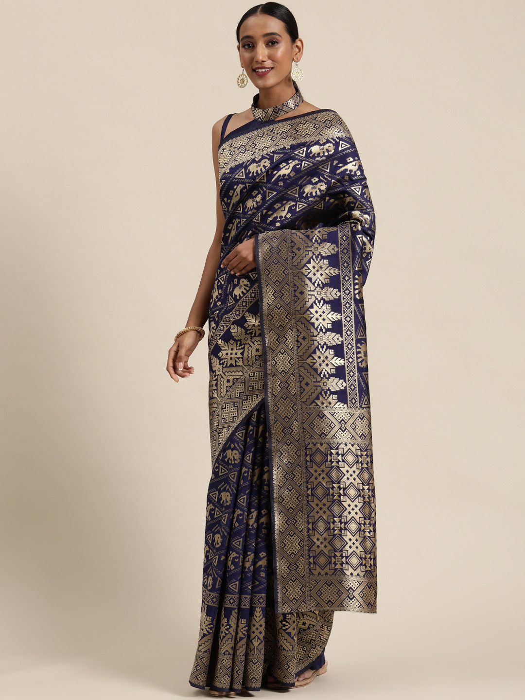 

SHAVYA Navy Blue & Golden Pure Silk Woven Design Saree