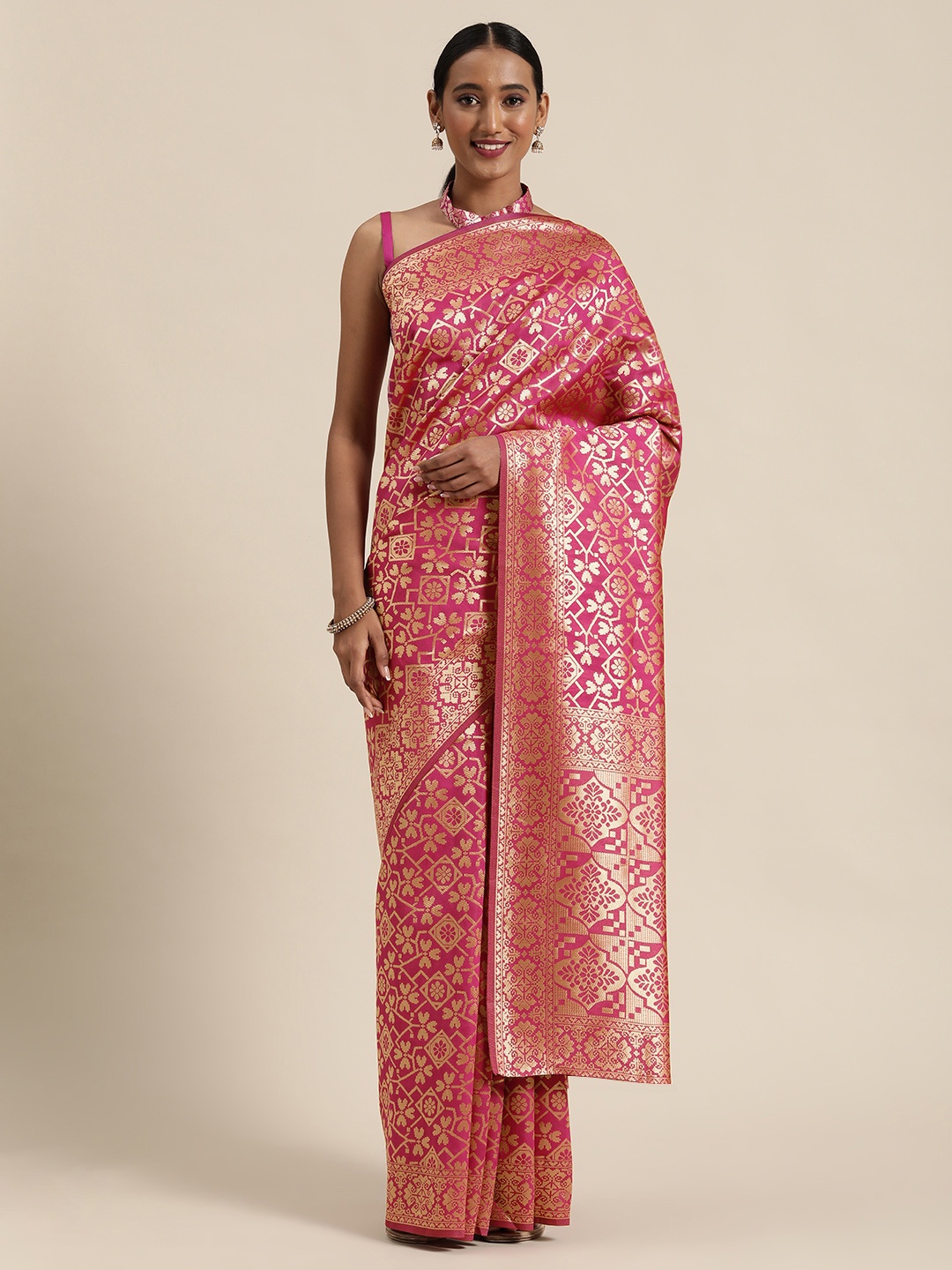 

SHAVYA Fuchsia Pink & Gold-Toned Pure Silk Woven Design Saree