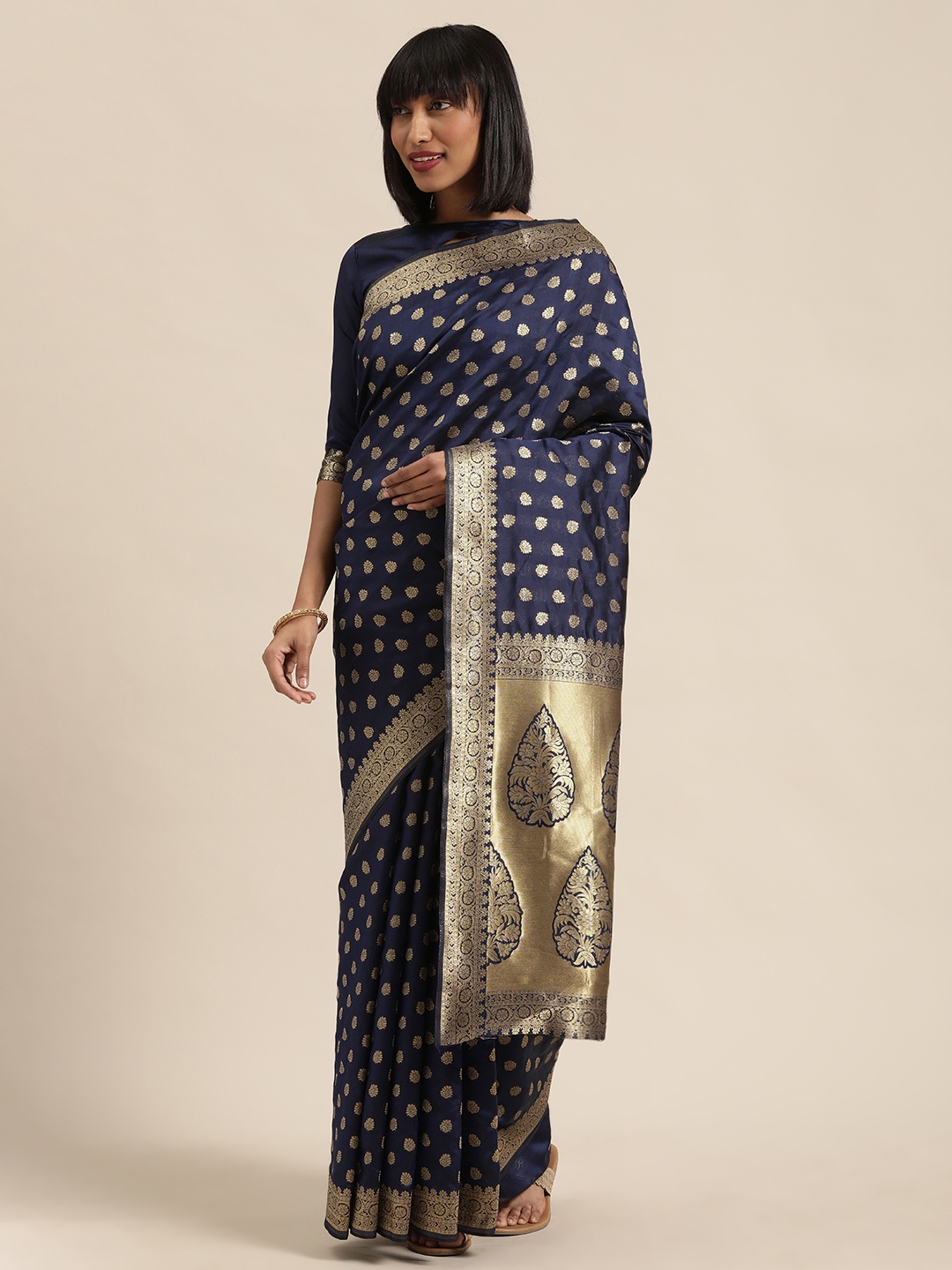 

SHAVYA Navy Blue & Gold-Toned Pure Silk Woven Design Saree